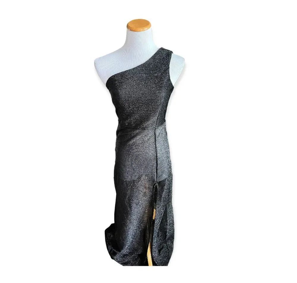 Womens Boutique Metallic Shimmer Semi Sheer One Shoulder Dress - Sz S